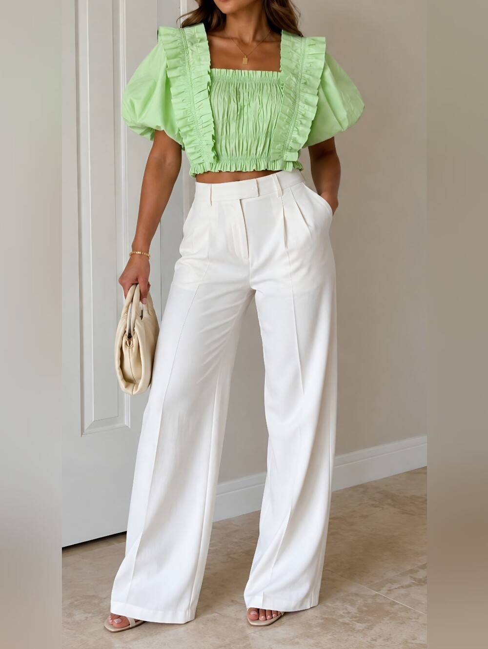ZARA Lime Green Smocked Ruffle Balloon Sleeve Crop Top S